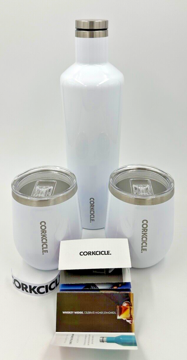 Uline Corkcicle 25 oz canteen set 2 stemless 12 oz wine glasses gloss white NEW eBay