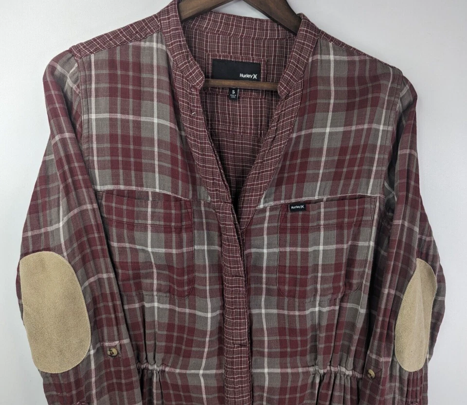 Hurley Button Maroon Plaid Small Dress w/Elbow Patches V-Neck Tunic Zip Pockets - Image 2 of 4
