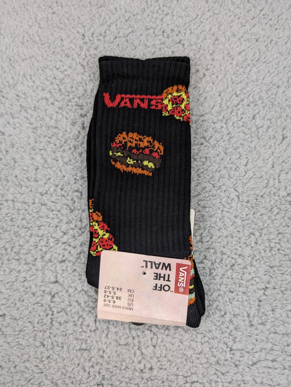 Vans Crew Socks Mens Womens 6.5-11 Black Burger Pizza Fast Food Skater Surfer-image