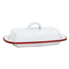 NEW Enamelware COVERED BUTTER DISH White Red Retro Vintage Look Enamel Kitchen