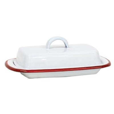 NEW Enamelware COVERED BUTTER DISH White Red Retro Vintage Look Enamel Kitchen