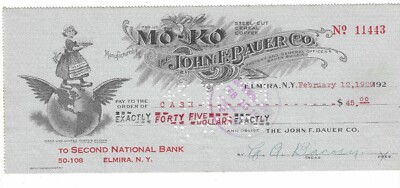 1929 Check, Second National Bank, Elmira, New York, John F. Bauer Co, MO-KO