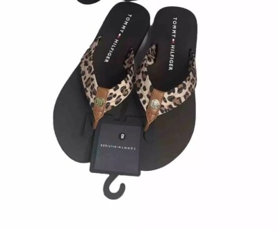 Tommy Hilfiger Flip Flops Leather Accent Leopard Brown Women's