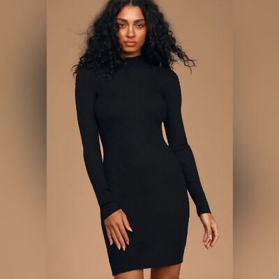Lulus Snug As Can Be Black Ribbed Mock Neck Sweater Dress