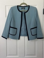 Nine West Women 6 Dress Coat Jacket Teal Blue Black Trim Poly Blend Long Sleeve