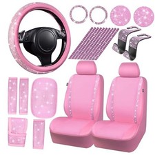 CAR PASS 24 PCS Bling Diamond Accessories Set for Women, Leather Seat Pink