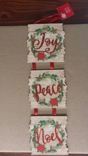 New Christmas Hanging Wall Sign Décor Joy Peace Noel 21" X 5" w Glitter