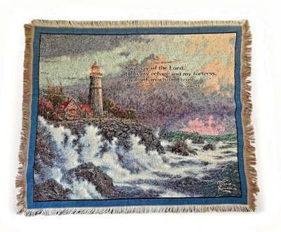 Thomas Kinkade Psalm 91:2 Lighthouse Tapestry Throw Blanket Fringe 56'' x 48''