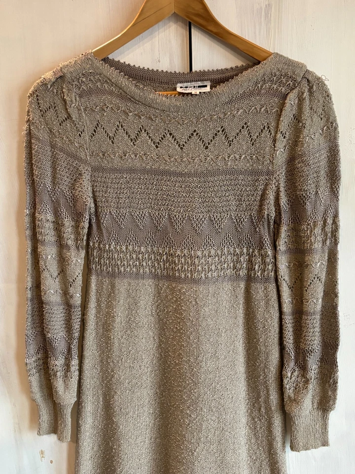 Vintage 80s MSII Taiwan Beige Knit Crochet Sheer Midi Sweater Dress Unlined XSP - Image 3 of 4