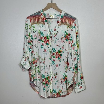 Fig & Flower Womens Blouse Top Size L Boho Floral Mixed Print Button Front