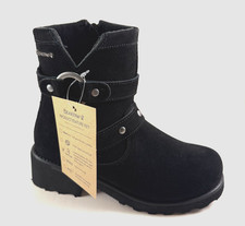 BearPaw Reece Black Suede Low Block Heel Wool Blend Boot