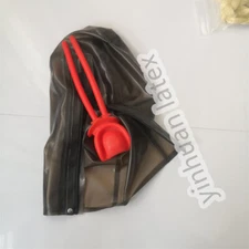 Transparent black Latex Hood Rubber Mask with Long Nose Tube&Braces for Fetish