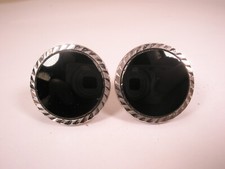 15/16" Round Black Stone  Silver Tone Spiral Cut Vintage SWANK LARGE Cuff Links