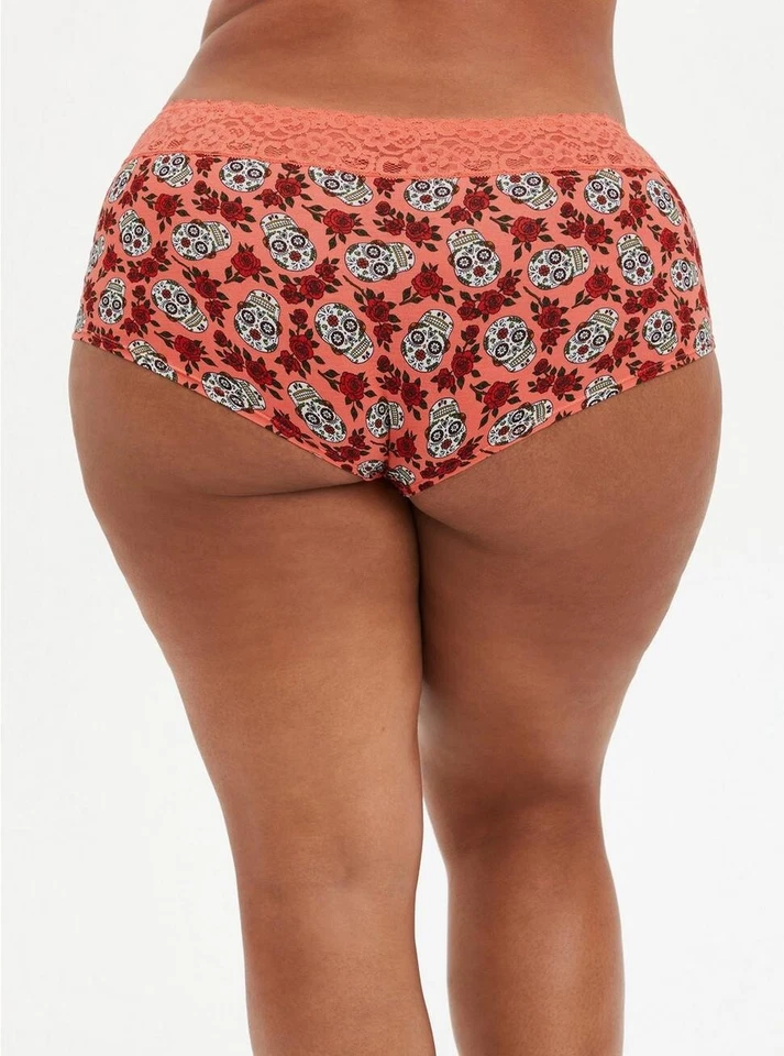 Panty Calaveras Naranja Floral Tórrido 2 2x Algodón Tiro Medio Boyshort Encaje Ribete Plus Foto 4 de 4