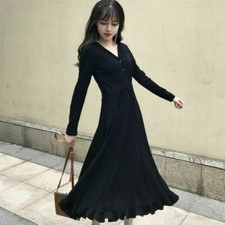 Women Ruffle Dress Drawstring Strappy Midi V Neck Long Sleeve Button Belt Tied