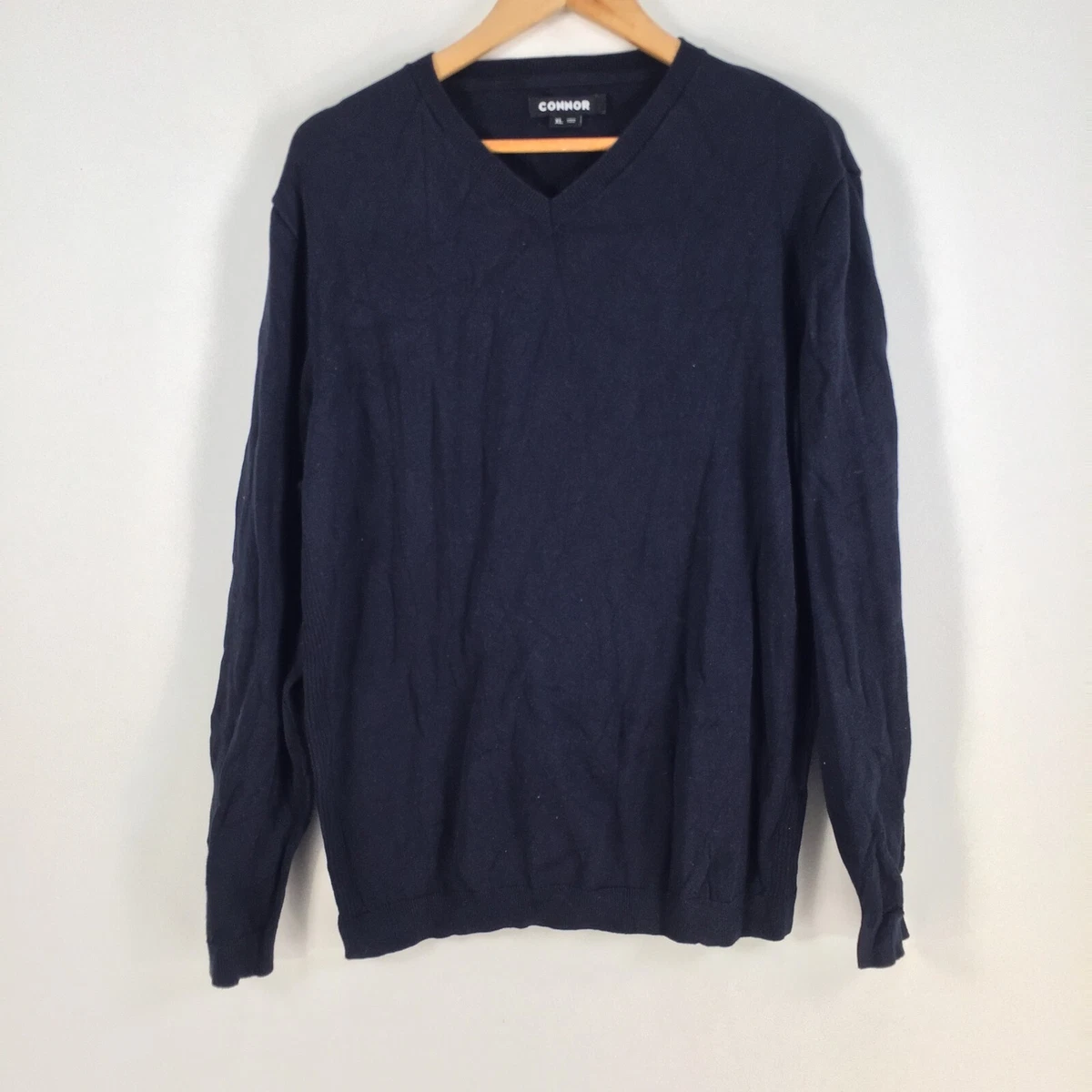Connor mens knit jumper size XL navy blue long sleeve Vneck cotton