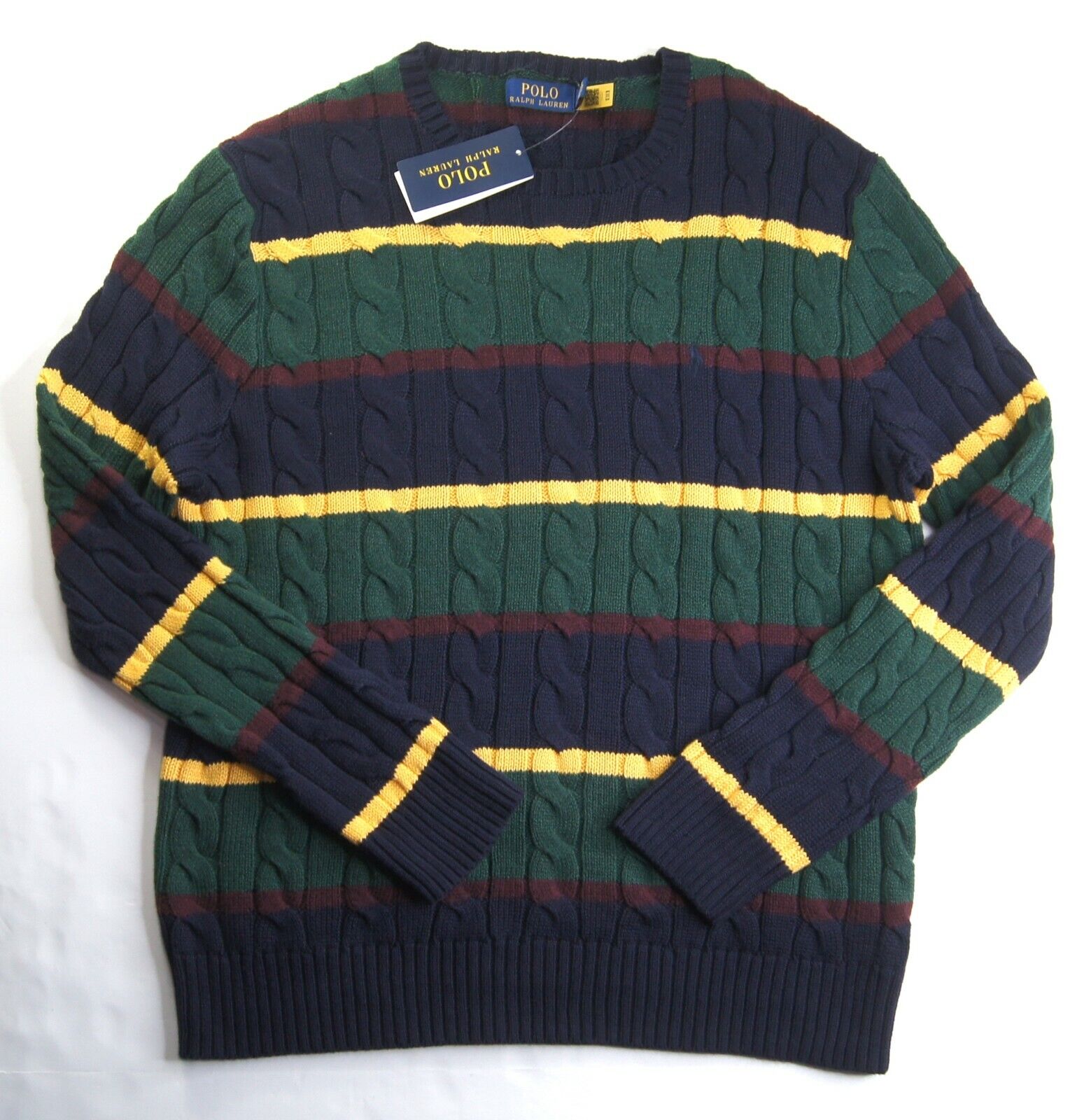 POLO RALPH LAUREN Men's Navy Multi Striped Cable Knit Cotton Pullover  Sweaters