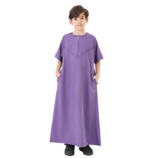 Dubai Muslim Kids Boys Jubba Thobe Abaya Kaftan Robe Dishdasha Short Sleeve Arab