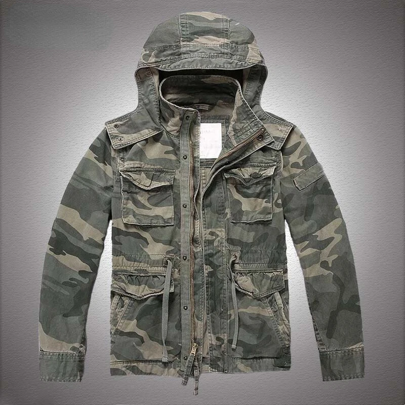 Cargo Jacket Men Removable Hood Cotton Camou Multi pockets Jacket