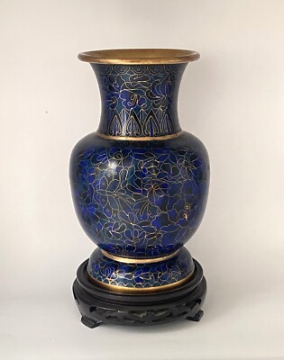 Vintage Mid Century 50er chinesische Cloisonne Emaille Schirme blau vergoldet Vase Topf