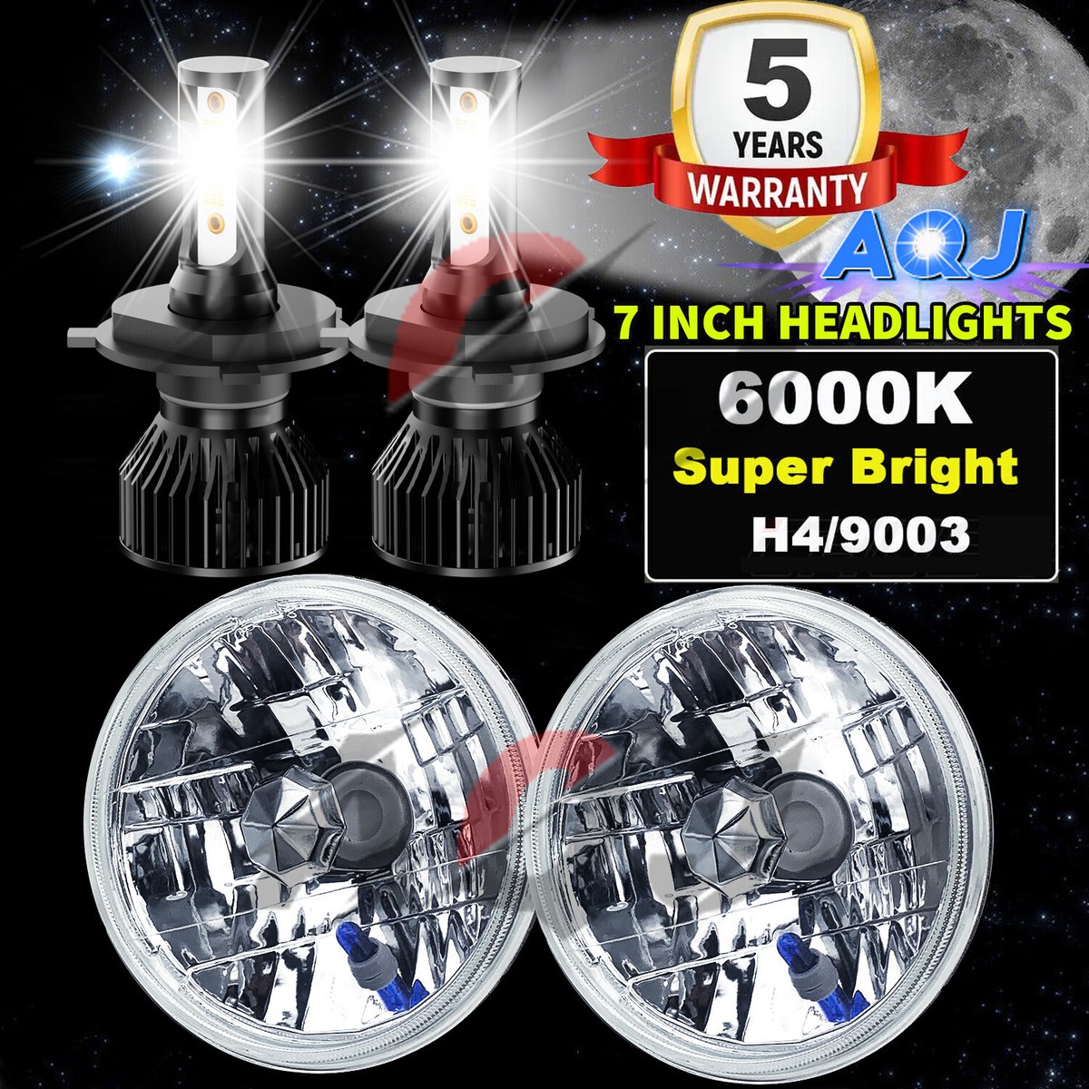 Pair 7inch Round LED Headlights Hi/Lo Beam DRL For Ford 1989