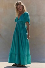 Free People Maxi Dress Free Est La La V-Neck Flutter Sleeves Tiered Teal Sz XL