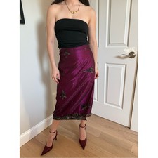 90s Dark Romantic Feminine 100 Silk Beaded Sequin Midi Adjustable Pareo Skirt