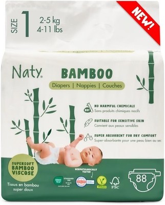 NATY Supersoft Bamboo Viscose Baby Diapers, Size 1, 88 Count