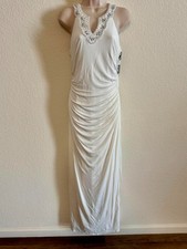 Laundry by Shelli Segal White Embellished Maxi Gown Ruched Size 10 #160 NWT