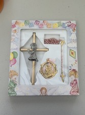 BAPTISM CHRISTENING CROSS w/ PRAYING GIRL GIFT ORIGINAL BOX FIRST HOLY COMMUNION