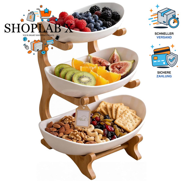 ObststäNder 3-StöCkig Bambus KüChenorganizer FüR Obst GemüSe Snacks Deko-Etagere-image