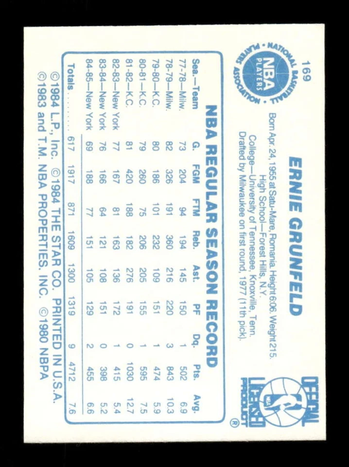 1985-86 Star 169 Ernie Grunfeld NM BXCP53 - Image 2 of 2