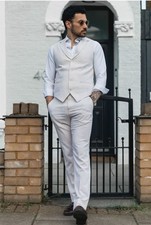 Uomo Estate Abito Gilet Pantaloni Lino Formale Crema Beige Outdoor Matrimonio