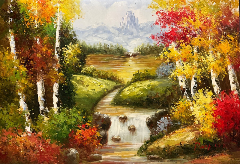 Oil Painting 24x36” Autumn landscape, river flowing into waterfall, mountains