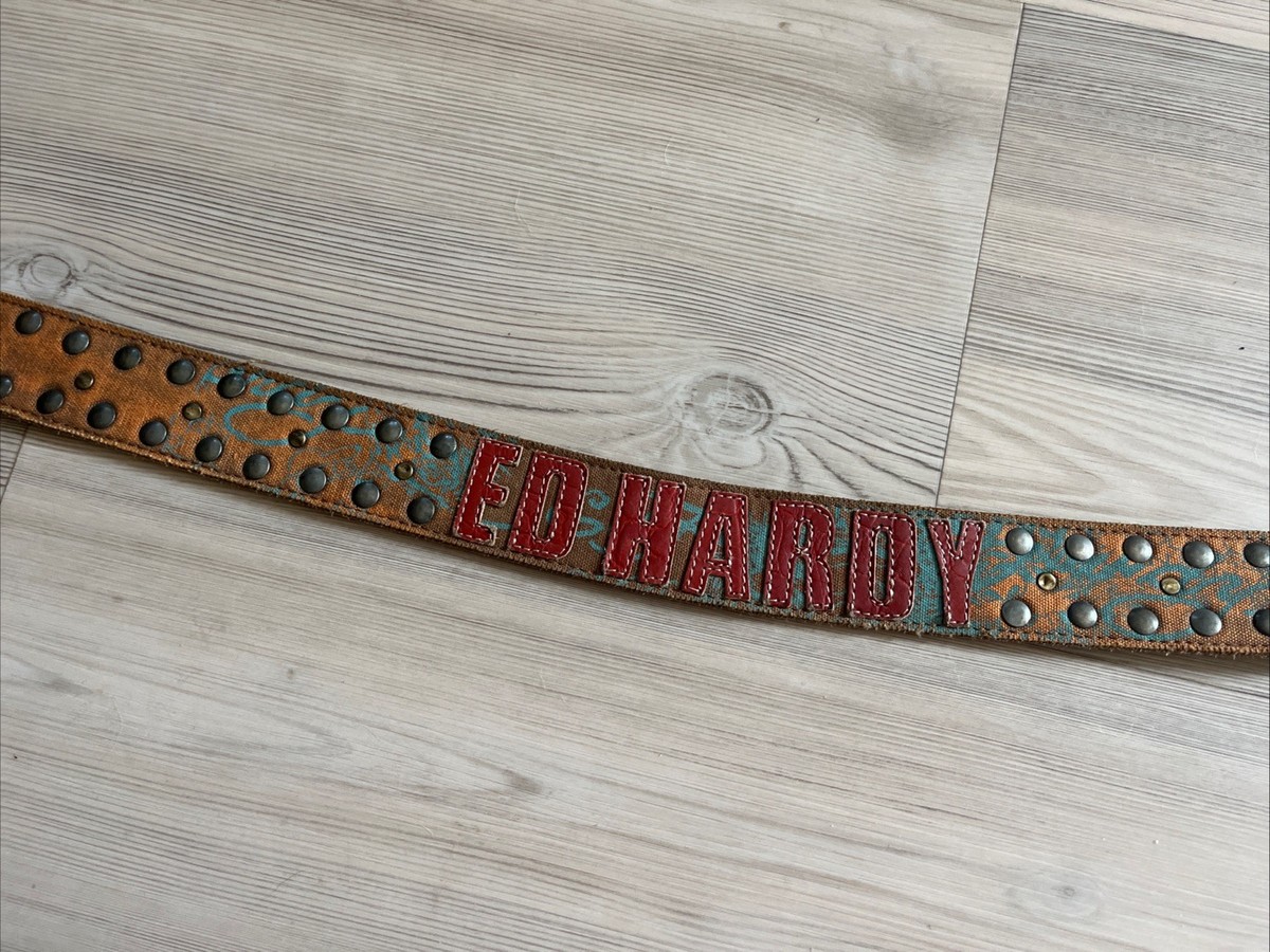 Vintage Ed Hardy Brown Leather Belt Embroidered Script Logo Y2K Size S EH1102 Unisex ED HARDY Y2K Brown Leather Belt W/ Eagle Patch Size L  main image 2
