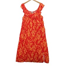Ava & Viv Midi Dress Women 2X Red Orange Floral Ruffle Smocked Side Pockets
