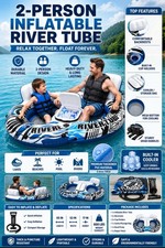 2-Person Inflatable River Tube Float - Heavy Duty Pool Lake Float with Cooler
