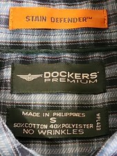 Dockers Premium Dress Shirt. Long Sleeve. Blue. Checkered. Sz. Small. No Iron .