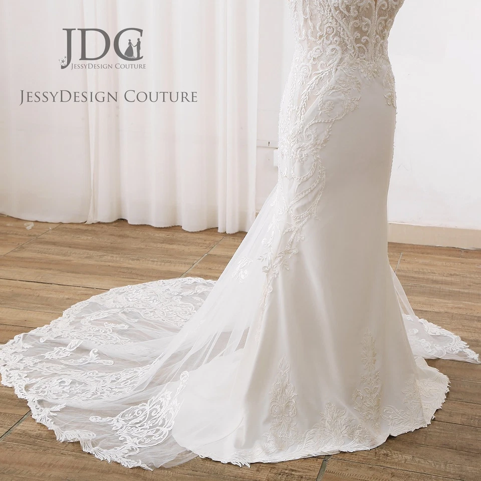 Crepe Fit Flare Meerjungfrau Spitze Brautkleid Hochzeitskleid Perlenstickerei - Bild 2 von 4