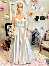 Wedding Pearl Silver White Satin Long Strapless Dress w/ Pockets Satin Belt