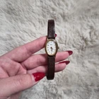 Retro Vintage Timex Watch Face Oval Gold Tone White Face Thin Brown Leather