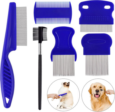 6PCS Pet Flea Comb Set Cats Dogs Grooming Tear Stain & Dematting Combs (Blue)