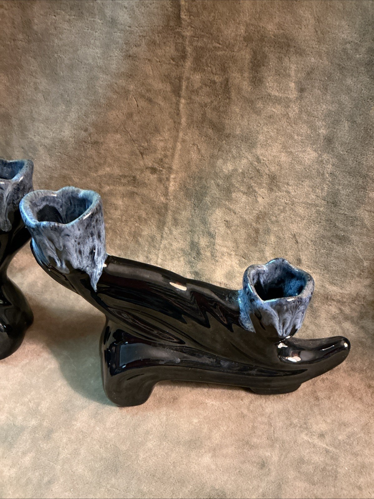 1950s Van Briggle art pottery black sea foam double candle holder Pair Sgnd Anna thumbnail 2