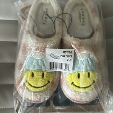 Dakota Fleece Pink Plaid Happy Face Kids Girls Slippers Size L 2/3