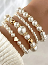 4/5/8-Piece Pearl Beaded Bracelet Set, Gold Accents, Stretch Layered Jewelry USA