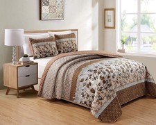 Collection Quilted Reversible Coverlet Bedspread Set Floral Printed Leaves Ta...