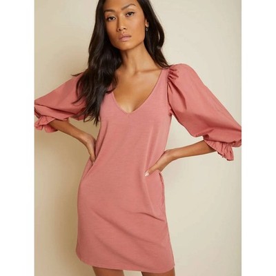 Nation LTD Oralia Mini Dress in Pink Cheeks Womens L Puff Sleeve V-Neck Cotton