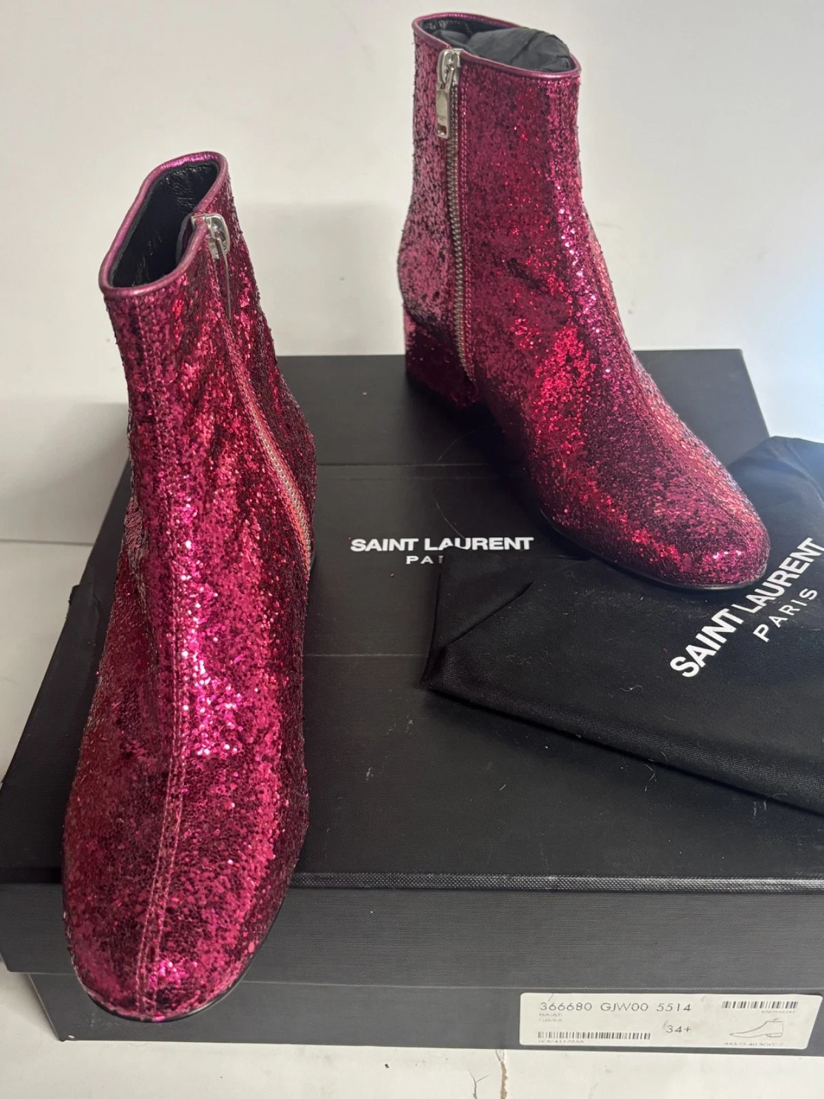 Saint Laurent — BNWB SAINT LAURENT PARIS Glitter Side Zip Short Boots Pink 34.5