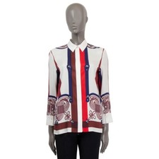 66591 auth HERMES white silk 2019 BRANDEBOURGS ENCADRE Button-Up Shirt 36 XS