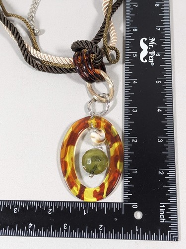 Chico's Brown Cord Green Round Charm Faux Tortoise Pendant Necklace 21 inch - Picture 8 of 8